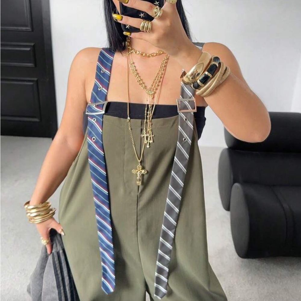 SHEIN Olive Green Wide-Leg Suspender Jumpsuit with Striped Ties - Picture 6 of 9